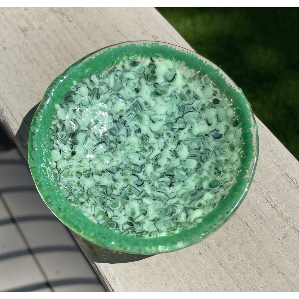 Green Fused Art Glass Small Shallow Bowl Trinket Dish Signed MCM